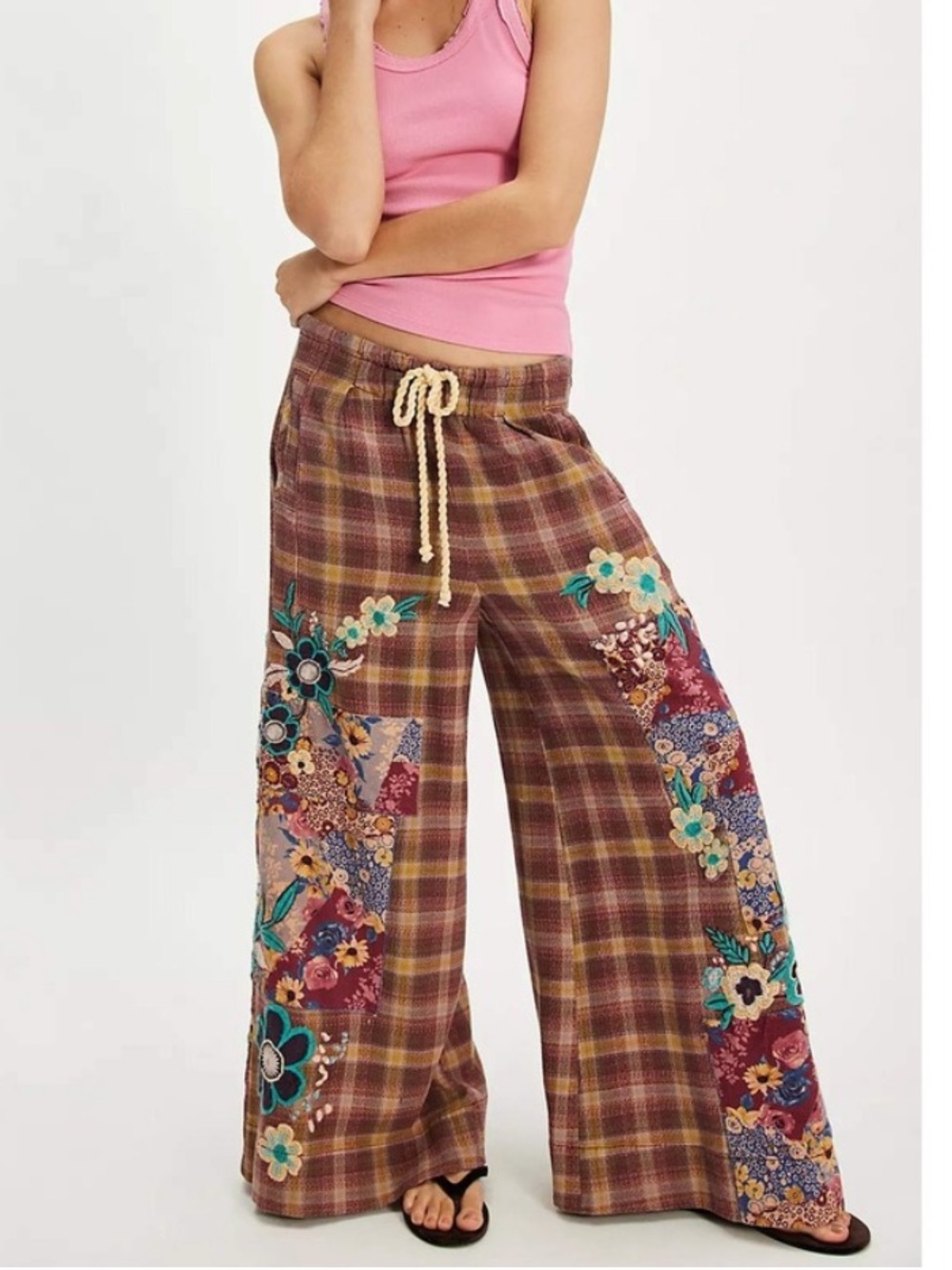 Flannel embroidered wide leg pants